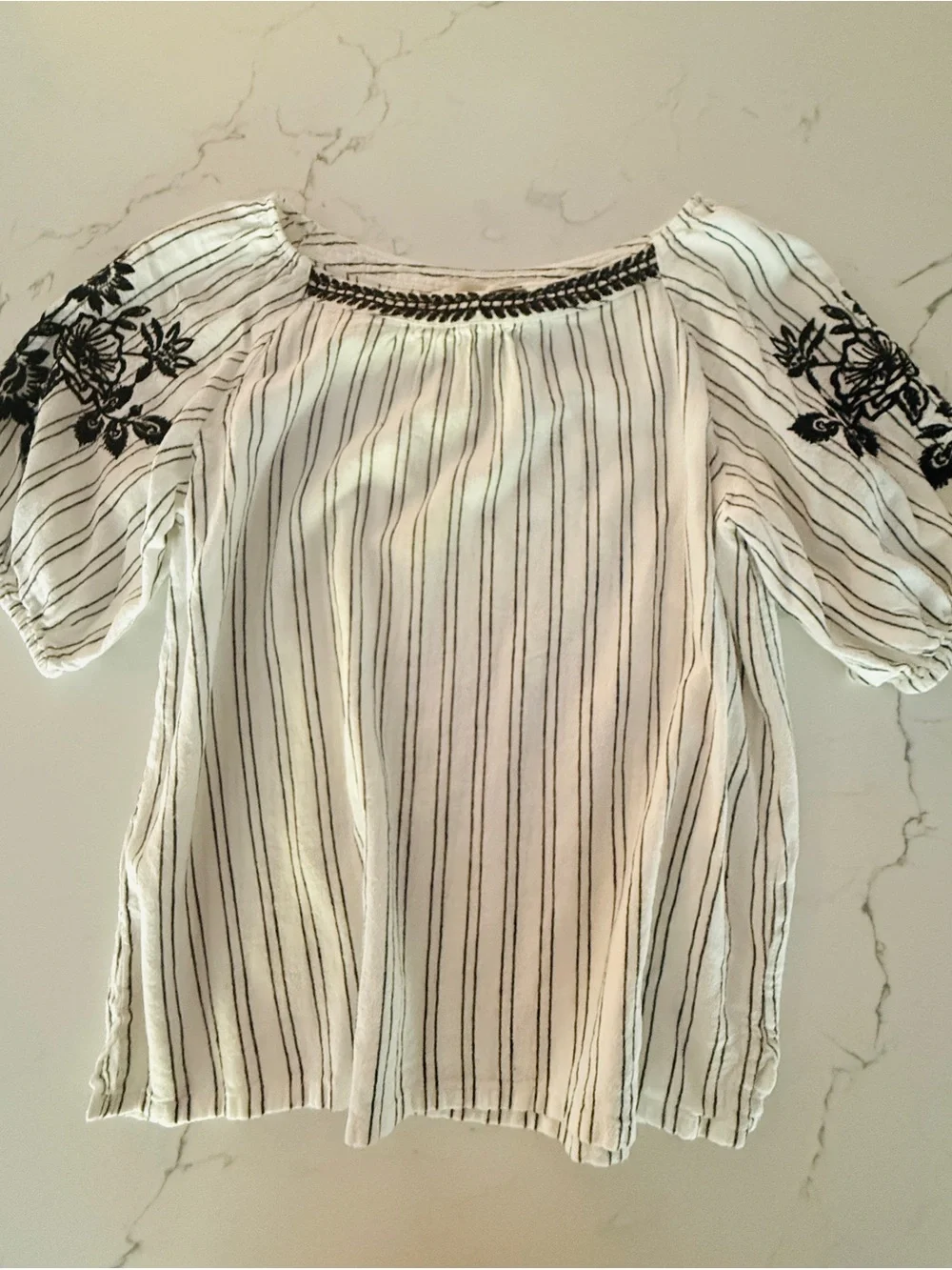 LOFT White Blouse with Black Striped Detail and Embroidered Sleeves